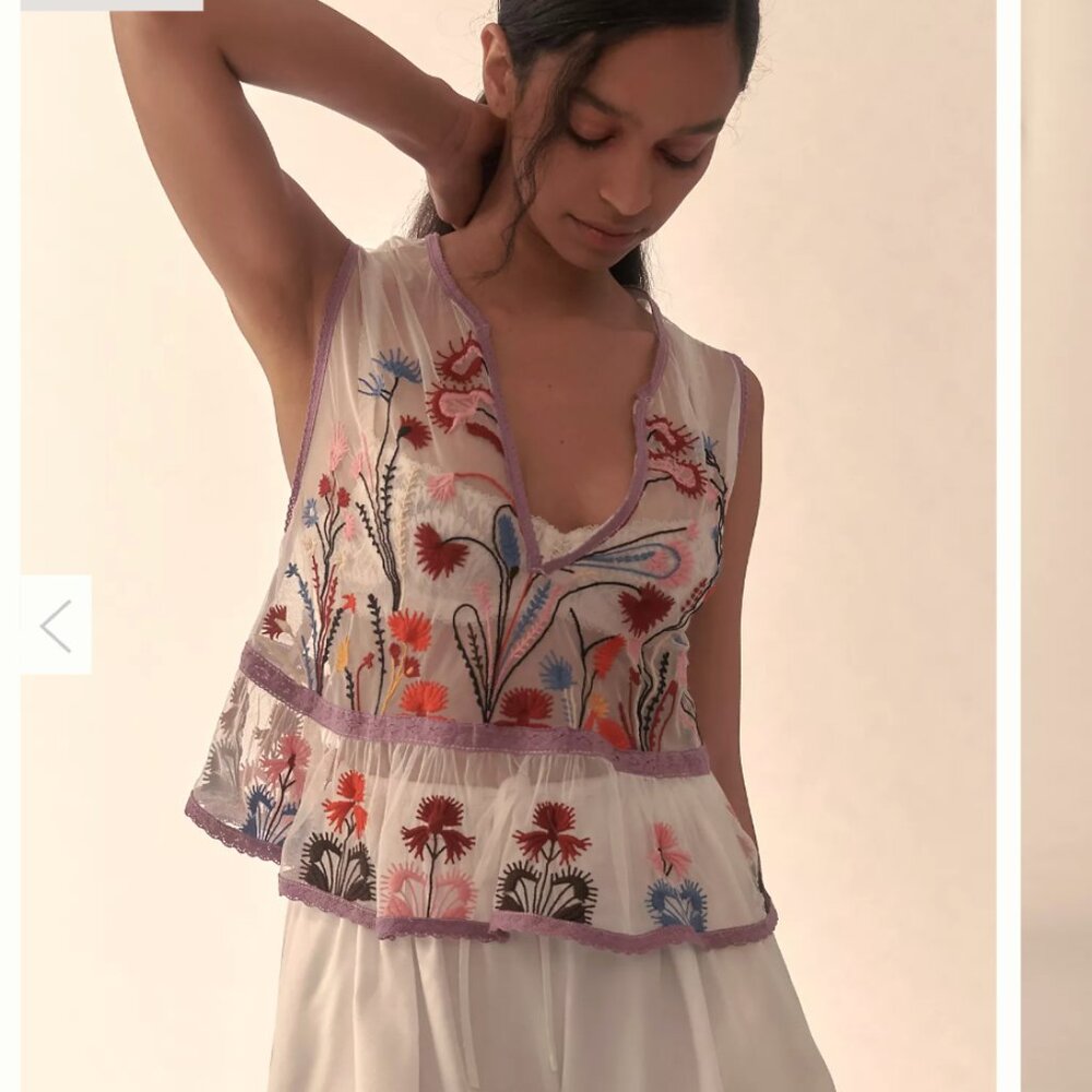Anthropologie Floral Embroidered Sheer Mesh Tank - Size xS